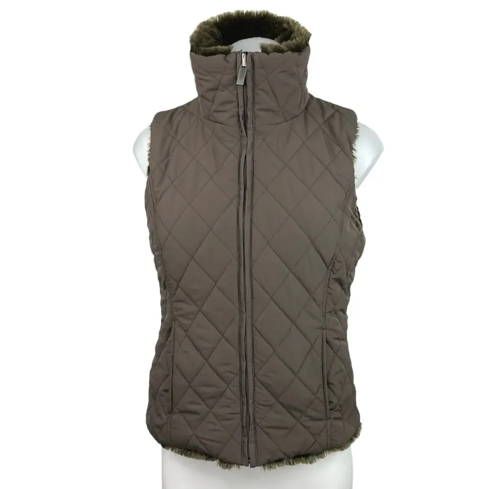 WeatherProof Reversible Green Fur Quilted Puffer High Neck Vest Jacket Coat Sz S